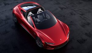 2021 Tesla Roadster upside view with open sunroof
