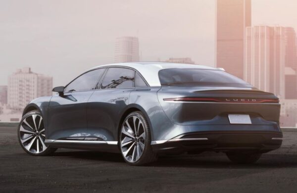 Lucid Air All Electric vehicle Side rear view