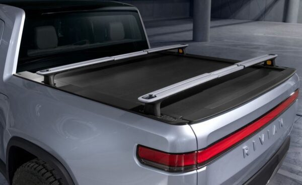 1st Generation Rivian R1T electric pickup truck rear bed covered