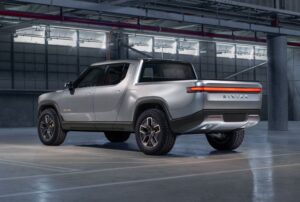1st Generation Rivian R1T electric pickup truck wheels and rear view