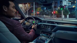 1st generation Audi E tron Electric SUV front cabin interior view