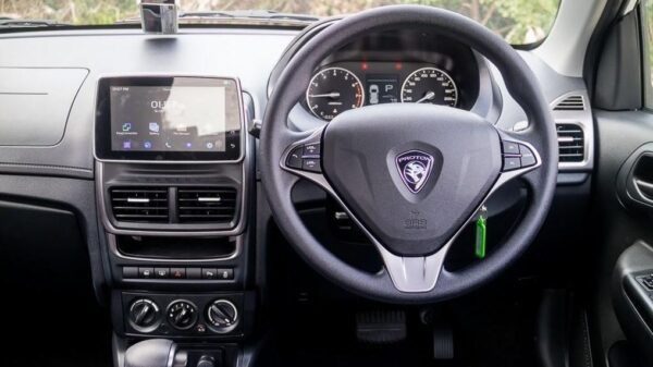 3rd Generation Proton Saga Sedan steering wheel and infotainment screen
