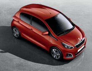 1st generation peugeot 108 hatchback upside full view red color