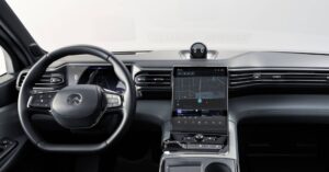 1st generation Nio ES8 electric SUV steering wheel and infotainment screen view