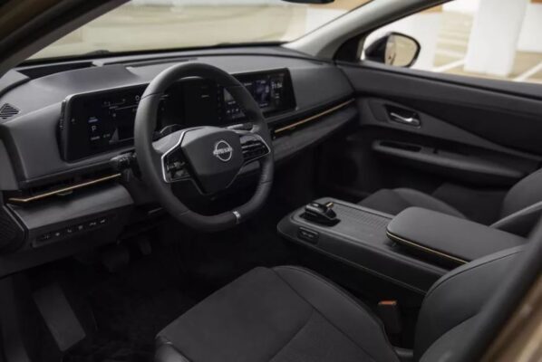 1st generation Nissan Ariya All Electric SUV front cabin interior view