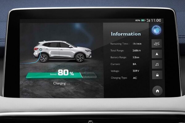 mghs PHEV SUV infotainment screen and charging information view