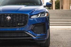 Jaguar f pace suv 1st generation headlamp and grille close view