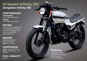 High Speed Infinity 150 cc Motor Bike full view with specs
