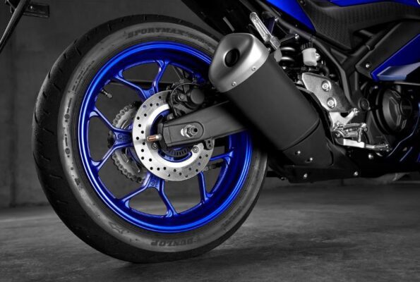 Yamaha YZF R3 Sports bike rear wheel and exhaust view
