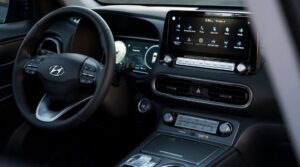 Hyundai Kona EV 1st Generation Pre Faclift infotainment and Steering wheel close view