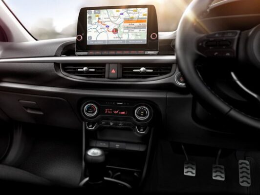 KIA Picanto Hatchback car 3rd generation facelift infotainment screen and climate control buttons view