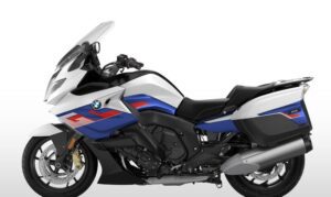BMW K 1600 GT Redesigned Sports Motorcycle full side view in white black and blue