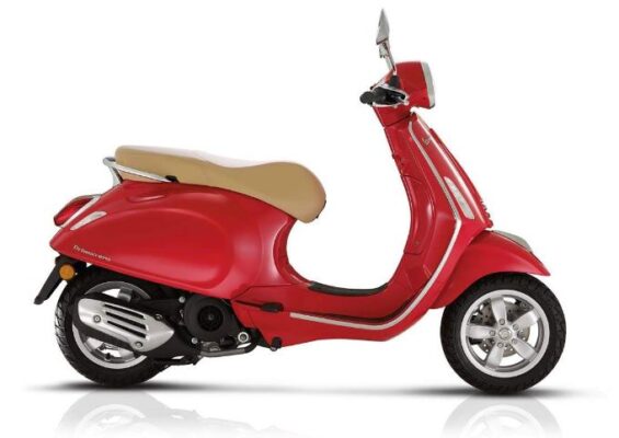 Vespa Primavera 150cc scooter red color full side view