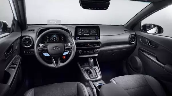 hyundai kona N high performance sportier small suv front cabin interior view