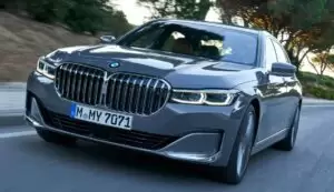 BMW 7 Series sedan 6th Generation blue color full front view