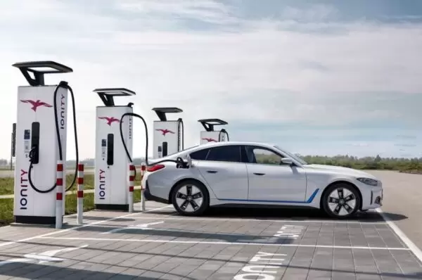 BMW i4 EV 1st generation sedan another full beautiful side view