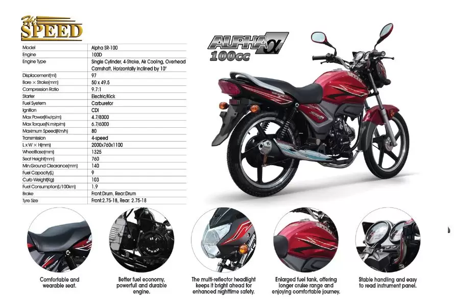 Hi Speed Alpha SR 100 cc Motorcycle specs and all features view